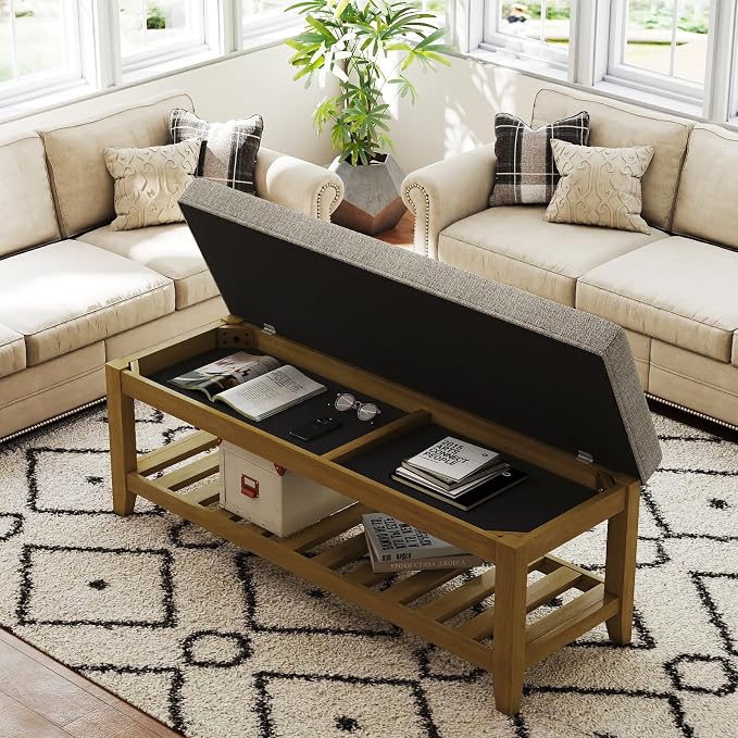 Befurtori Large Rectangular Upholstered Ottoman Bench, Linen Tufted Footrest by Befurtori
