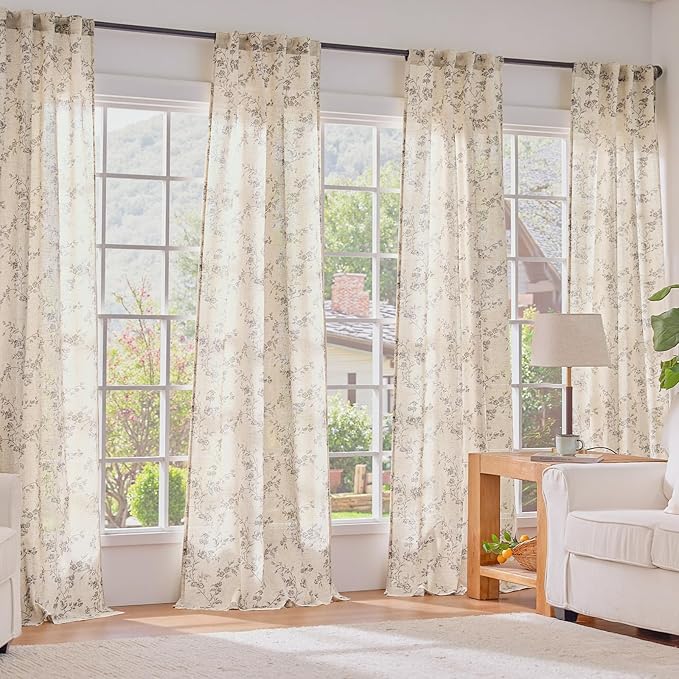 Lazzzy Grey Floral Linen Curtains 90 Inch Farmhouse Back Tab Drapes - Image 6