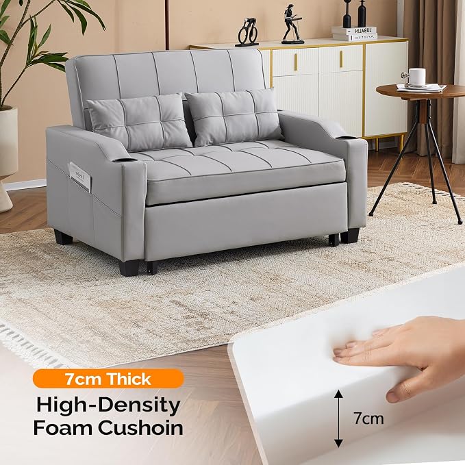 VINGLI Convertible Loveseat Sleeper Sofa, Light Grey Faux Leather Futon Sofa - Image 4