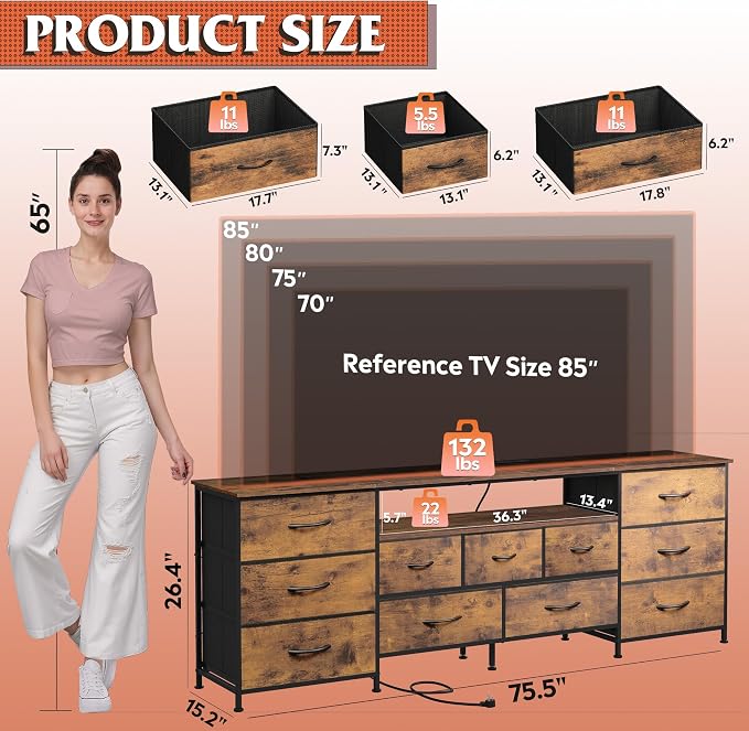 WLIVE 75.5" TV Stand for 65, 85 Inch TV, Dresser for Bedroom - Image 2