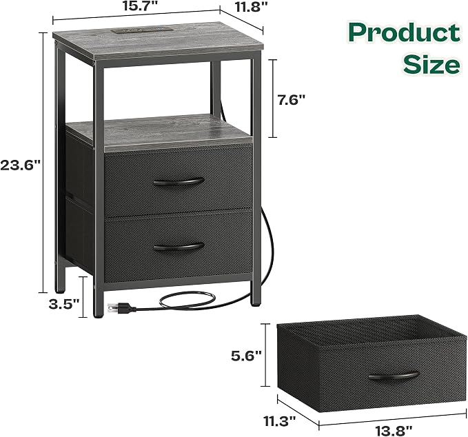 Huuger Night Stand with Charger Station and LED Lights, 2 Drawer Nightstand - Image 3