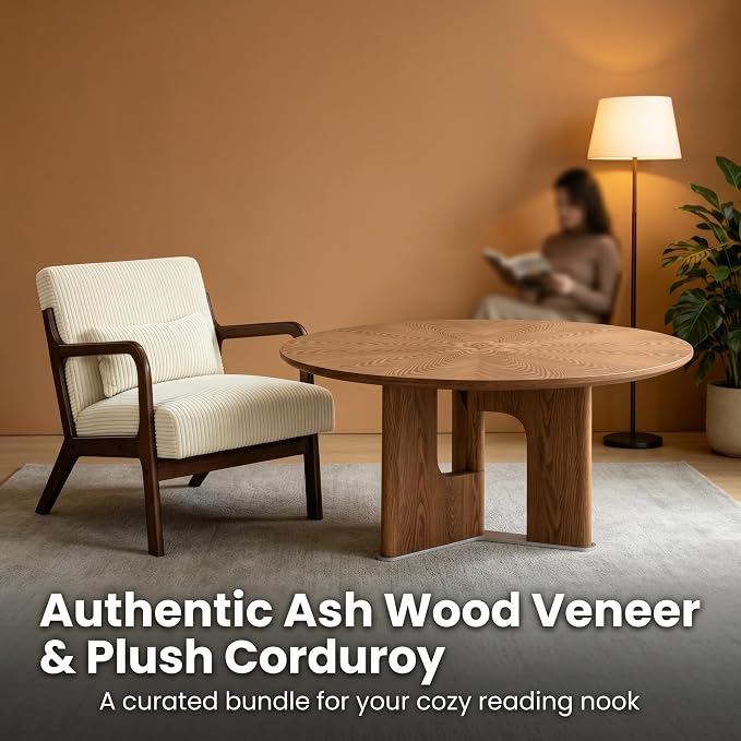 Mid-Century Modern Living Room Set – 31.5" Round Rustic Ash Wood Coffee Table & - Image 2