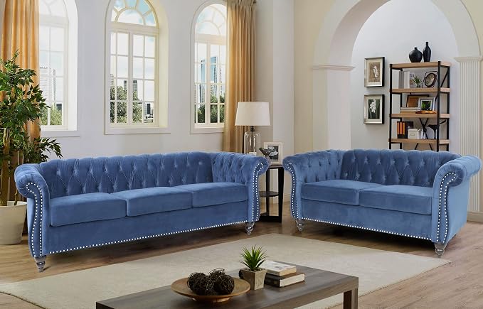 RARZOE Modern 2 Pieces Living Room Sofa Set, Contemporary Tufted Button Velvet by RARZOE