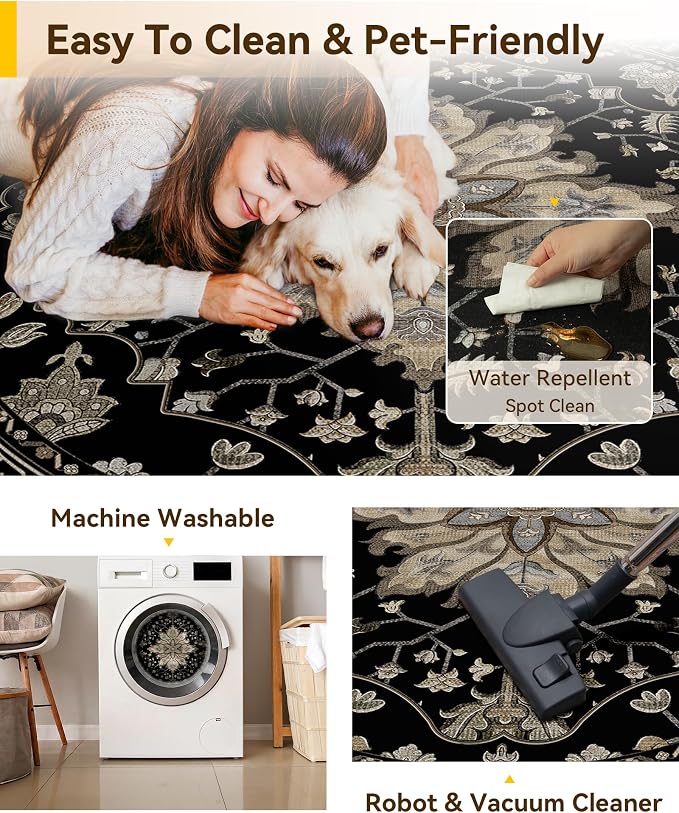 RELEANY Area Rugs Round 10ft Washable Non-Slip, Floral Vintage Distress Print - Image 5