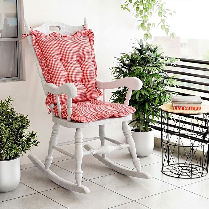 Lewtemi 2 Set Red Gingham Rocking Chair Cushion Village Ruffled Rocking Chair - Image 4
