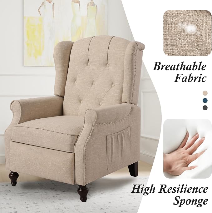 Wingback Chair with Massage and Heat, Tufted Fabric Pushback Recliner Chair - Image 8