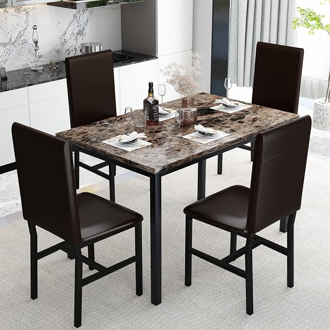 AWQM 5 Piece Dining Table Set for 4, Faux Marble Kitchen Table and Chairs for 4 - Image 8