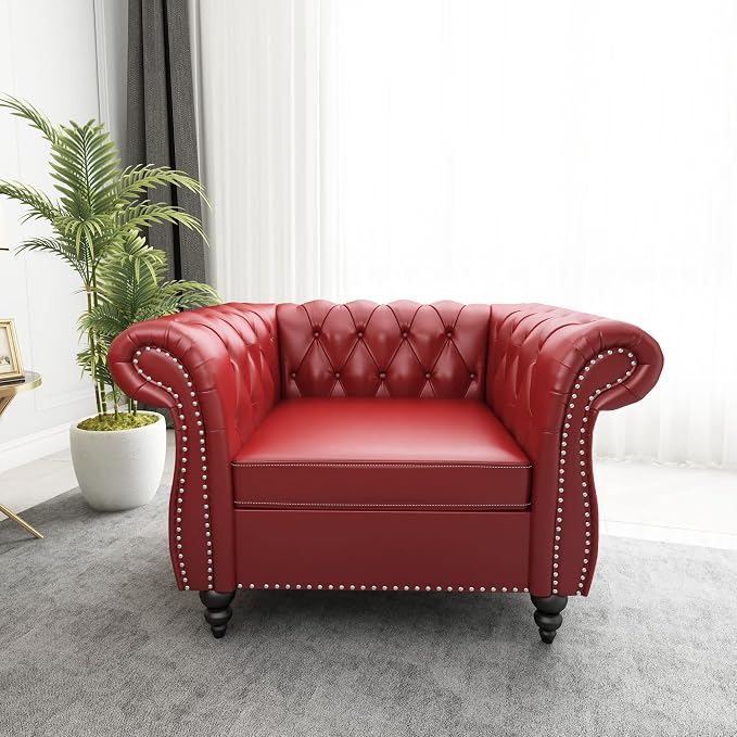 ORRD 2 Piece Living Room Set, Chesterfield Leather Sofa Loveseat Couch Chair - Image 5