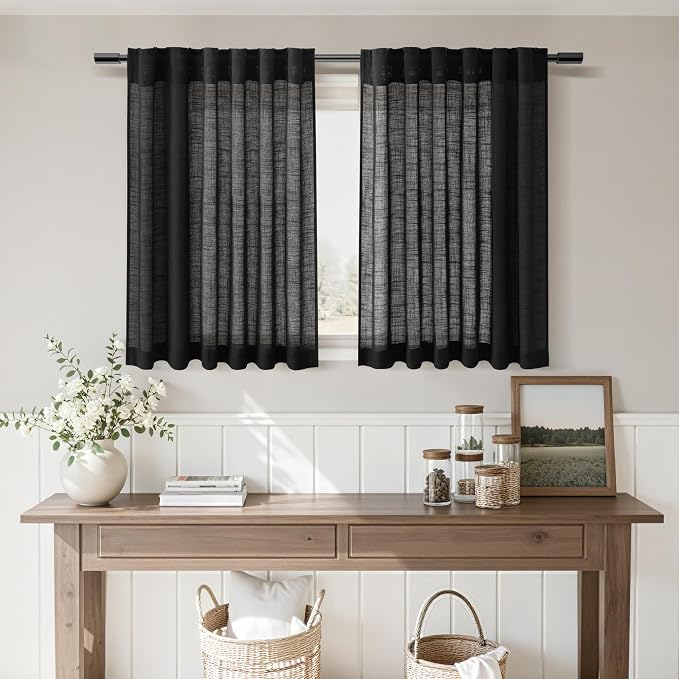 Nanspring Black Short Kitchen Linen Curtains 30 Inch Length Kitchen, Semi Sheer - Image 7