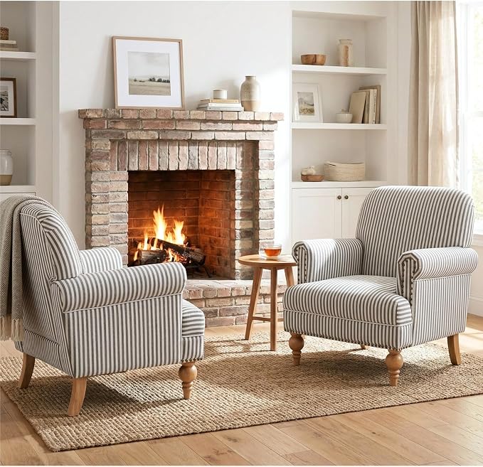 Black Striped Linen Fabric Accent Chairs Set of 2, Modern Farmhouse Upholstered - Image 2