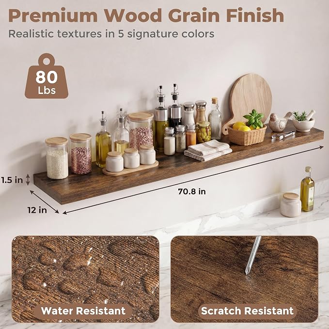 12 inch Deep Floating Shelves for Wall, 72 inch Wide Engineered Wood Wall - Image 2