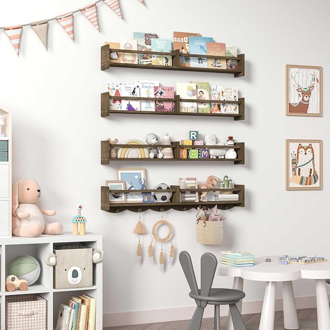 34Inch Nursery Bookshelves, Wall Floating Shelf Kids Coat Rack - Image 2