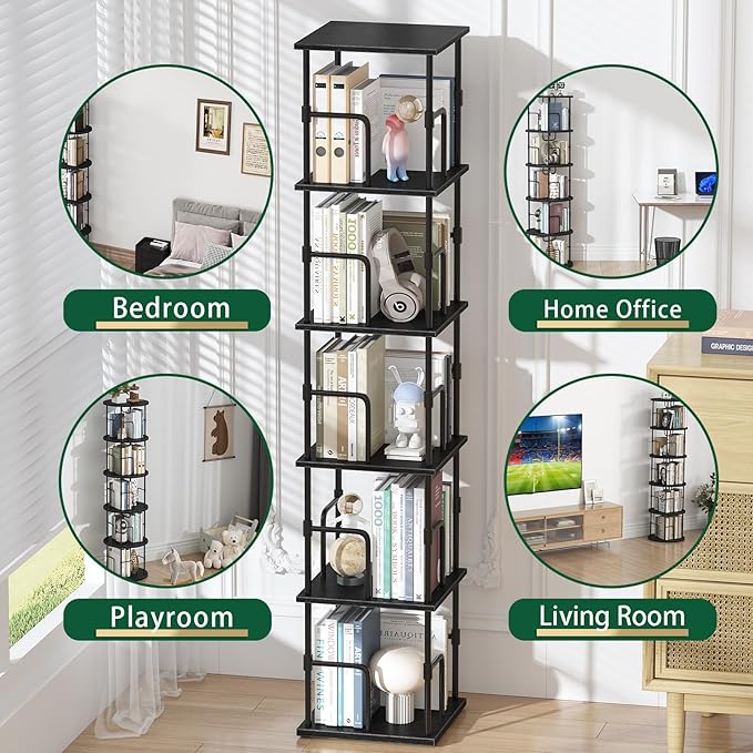 5-Tier Rotating Bookshelf, Freestanding Corner Bookshelf Industrial Style - Image 5