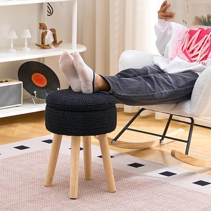 Wimarsbon Pouf Ottoman, 100% Cotton Knitted Boho Footstool, Round Footrest - Image 5