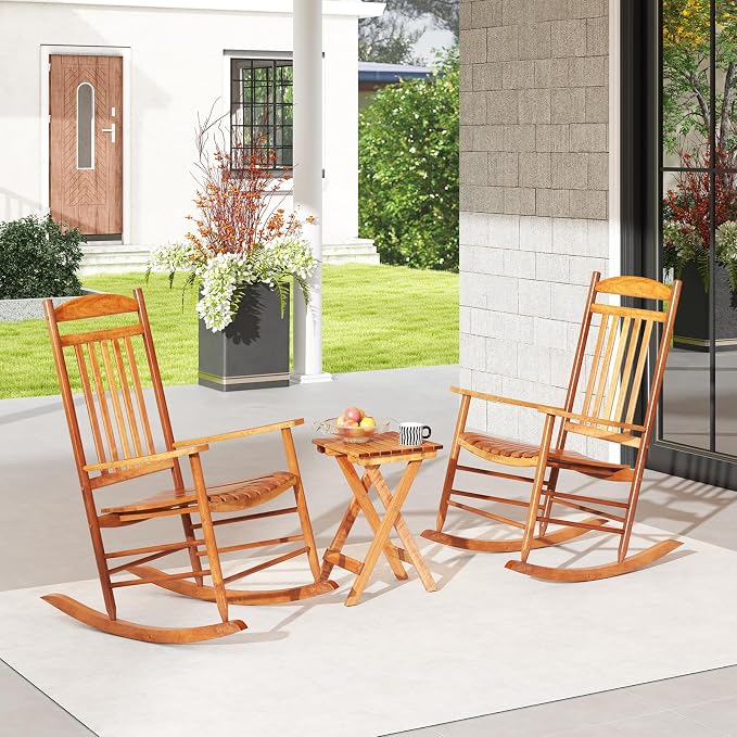 Tangkula 3-Piece Outdoor Poplar Wood Rocking Bistro Set, High Back Front Porch - Image 2