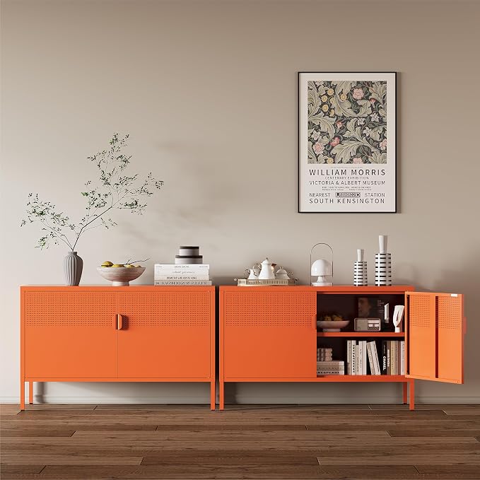 Orange Metal Storage Cabinet, 2 Door TV Stand, Metal Mesh Accent Cabinet - Image 2
