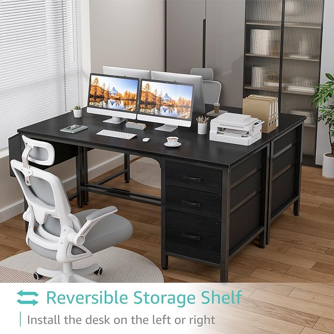Lufeiya Computer Desk with Fabric File Drawers Cabinet, 55 Inch Reversible Home - Image 4