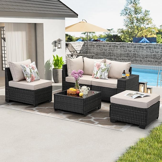 JOYURE 5 Pieces Patio Furniture Set All-Weather Outdoor Wicker Sectional - Image 8