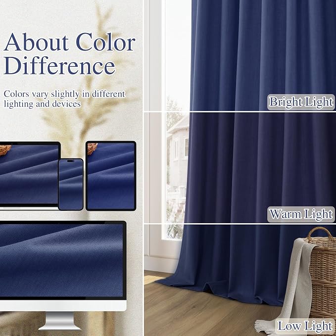 Guken Classic Blue 100% Blackout Linen Curtains 90 Inch Length 2 Panels Set - Image 7