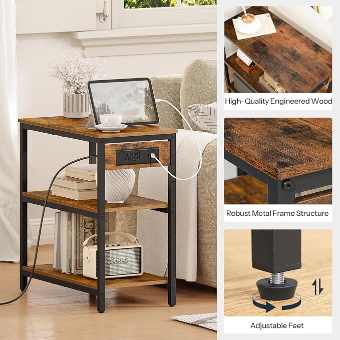 HOOBRO End Table with Charging Station, Simple Rustic Side Table with 3-Tier - Image 7