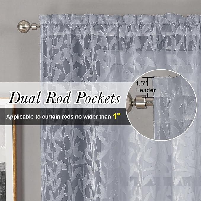 Lecloud Leia Light Grey Sheer Curtains 96 Inches Long 2 Panels, Jacquard Leaves - Image 2