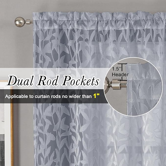 Lecloud Leia Light Grey Sheer Curtains 84 Inches Long 2 Panels, Semi Sheer - Image 2