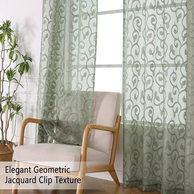 OWENIE Furman Sage Green Sheer Curtains 54 Inch Length 2 Panels Set - Image 2