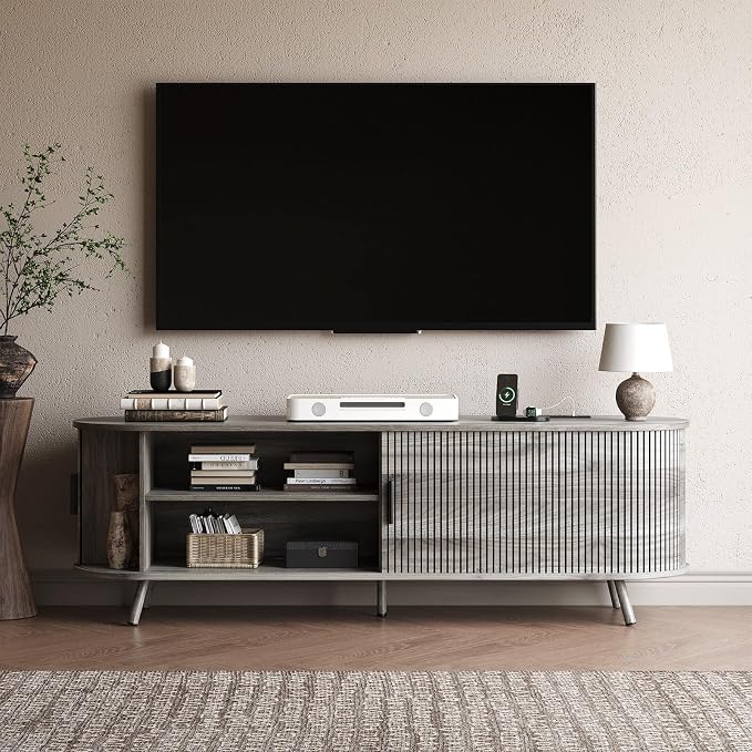 63 inch TV Stand with Power Outlet, Fluted Entertainment Center - Image 7