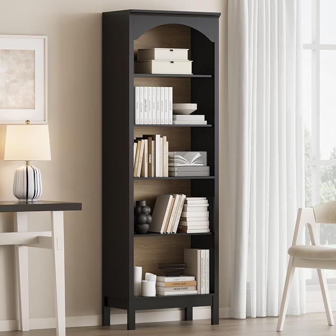 Arched Bookshelf with 5 Tier Open Shelves, Study and Living Room, Modern Black by JMHDYG
