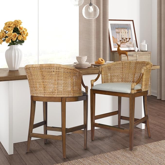 Martha Stewart Farmhouse Counter Height Bar Stools, Handcrafted Rattan Counter - Image 2