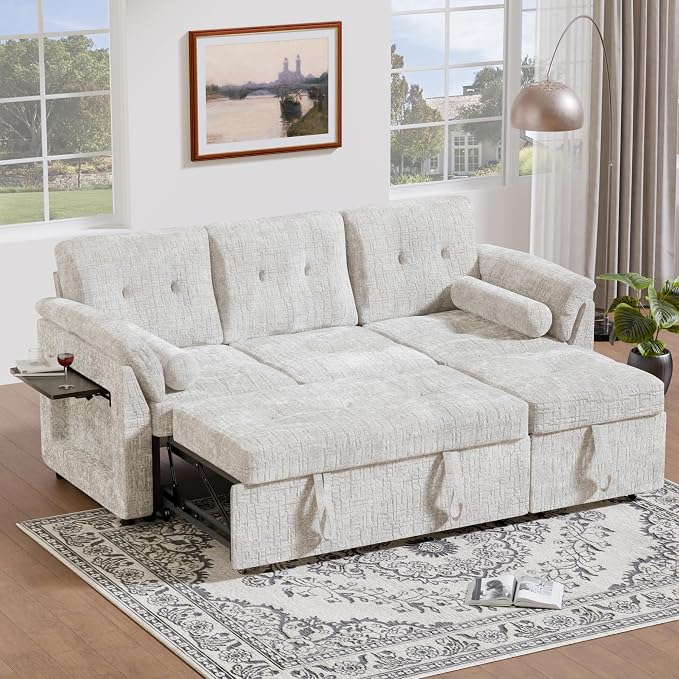 Convertible Sleeper Sofa Bed, 63 Inch Chenille Pull Out Couch by Outdoorchairs