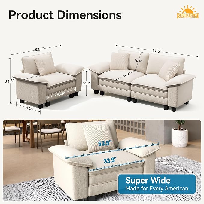 SUNSHINE VALLEY 87.5'' Oversized Loveseat Couch and Chair Set, 3-Seat Chenille - Image 2