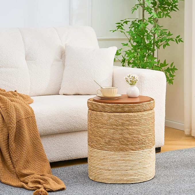 Wimarsbon Round Pouf Ottomans, Handwoven Natural Water Hyacinth Seagrass Pouffe - Image 6