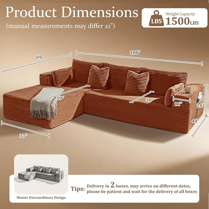 108" Cloud Sectional Couch, Comfort L Shaped Boneless Couch - Image 2