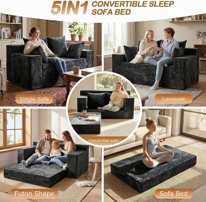 Loveseat Sofa Bed, Convertible Silky Velvet 5-in-1 Foldable Boneless Sleeper - Image 3