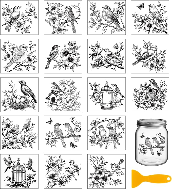 GLOBLELAND 18 Sheets Black and White Flowers Birds Transfer Stickers by GLOBLELAND