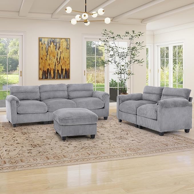 HAOMARKETS Corduroy 3-Piece Sofa Set, Upholstered Ottoman, Loveseat 2-Seater by HAOMARKETS