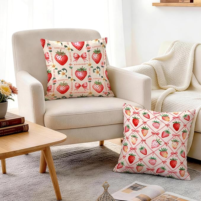 OBSEDE Pink Bow Strawberry Throw Pillow Covers 18 × 18 in, Couch Cushion Cases - Image 7