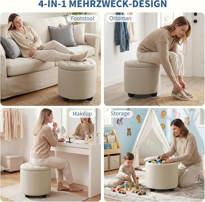Furniliving Modern Round Storage Ottoman, Button Tufted Ottoman Foot Stools - Image 5