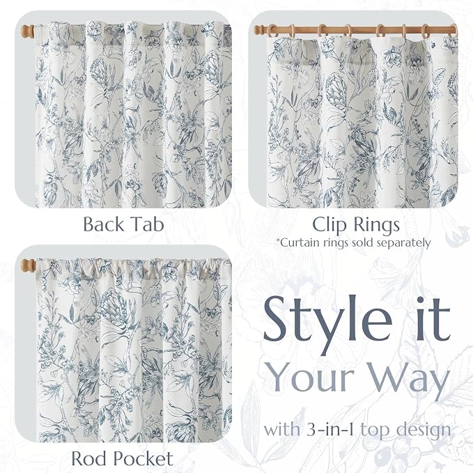 jinchan Floral Curtains 108 Inch Length Blue Flower Linen Farmhouse Curtain - Image 4