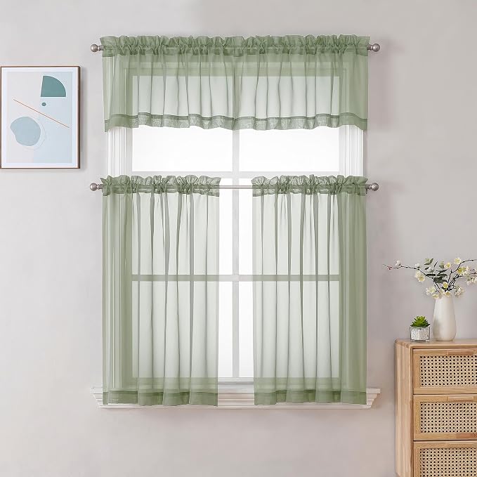 Gwine Sage Green Sheer Curtain Tiers 24 Inch Length, Light Filtering Voile - Image 2