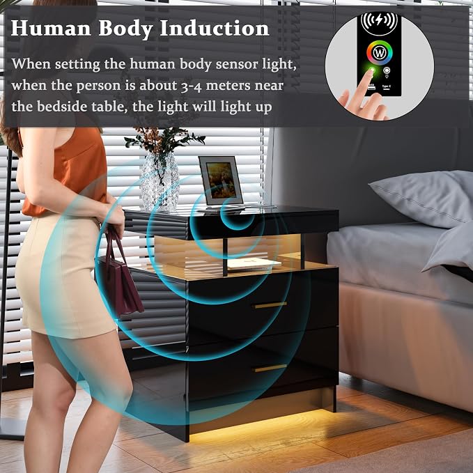 HNEBC Auto LED Nightstand with Wireless Charging Station & USB Ports, High - Image 6