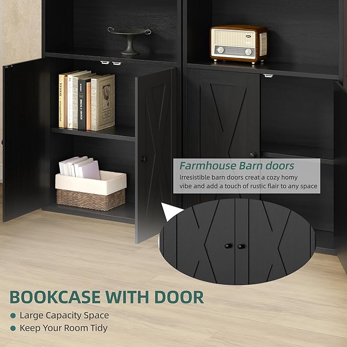 Modern Bookshelf with Doors, Industrial Bookshelves with 6-Tier Shelf, 71 - Image 6