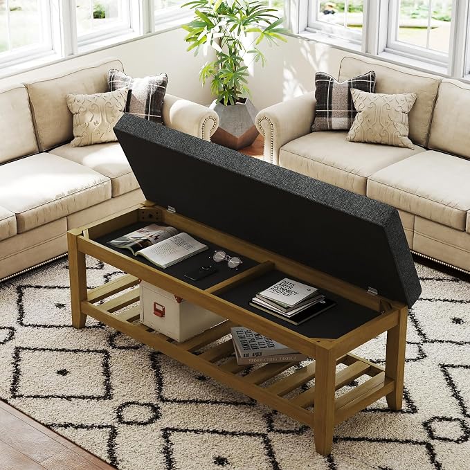 Befurtori Large Rectangular Upholstered Ottoman Bench, Linen Tufted Footrest by Befurtori