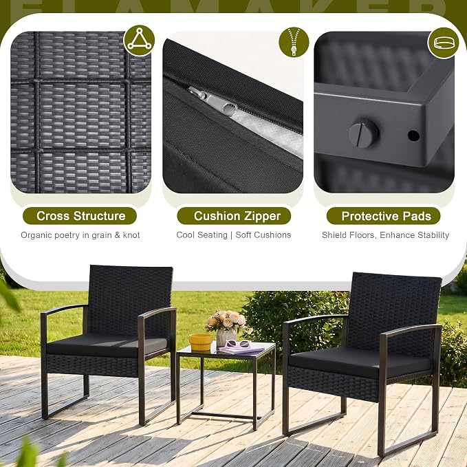 Flamaker 3 Pieces Outdoor Patio Wicker Furniture Set, Modern Rattan Chair - Image 6
