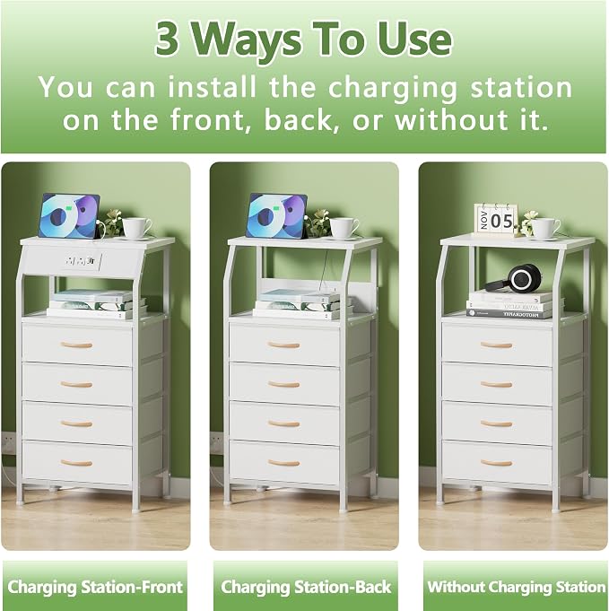 Furnulem Night Stand with Charging Station, Dresser with PVC & Fabric Drawers - Image 6