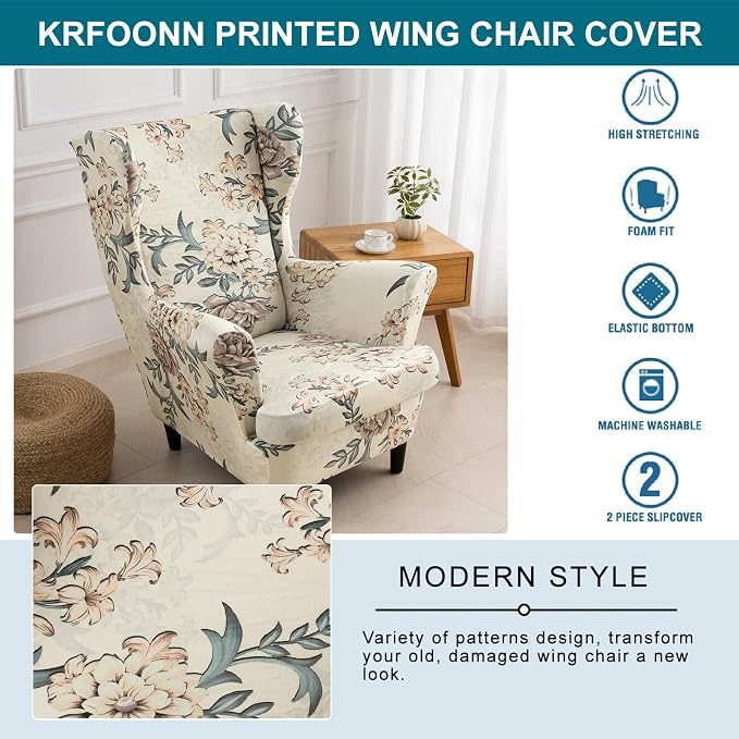 KRFOONN Velvet Wing Chair Slipcovers 2 Piece Stretch Printed Wingback Chair - Image 5