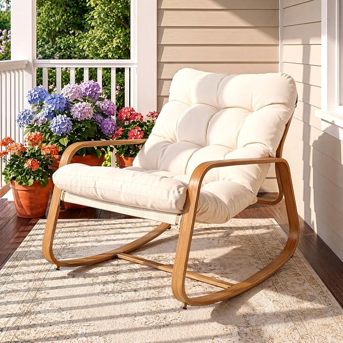 ONBRILL Rocking Chair with Thick Cushion Outdoor Indoor, Premium Iron Wood by ONBRILL