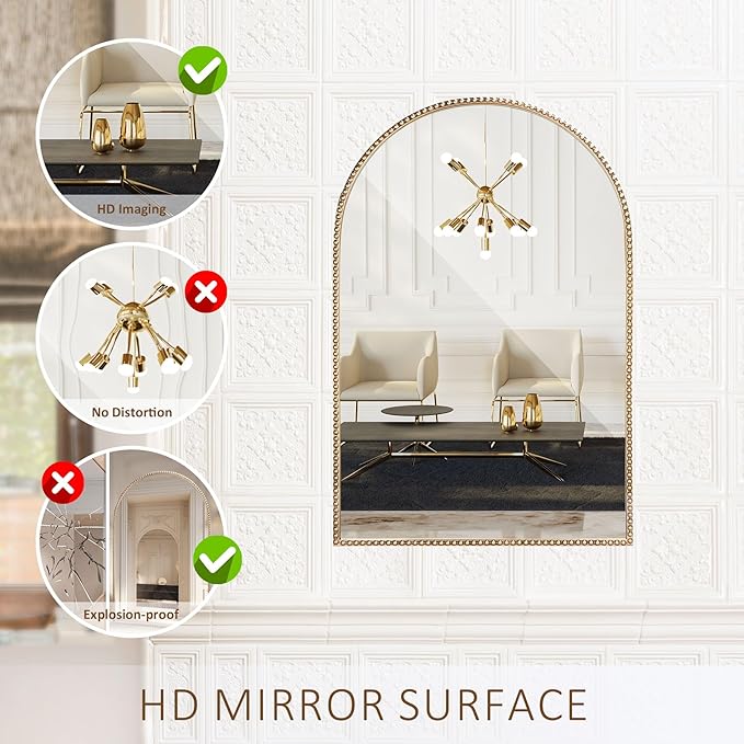 Antique Gold Arched Wall Mirror 20"x30", Ornate Beaded Metal Frame Bathroom - Image 6
