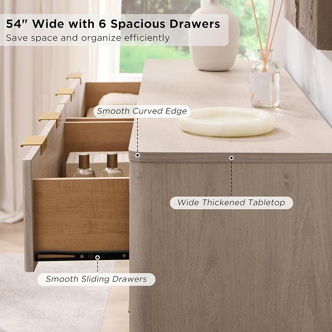 T4TREAM Fluted 6 Drawers Dresser, Curved Profile Design, Dresser TV Stand - Image 5